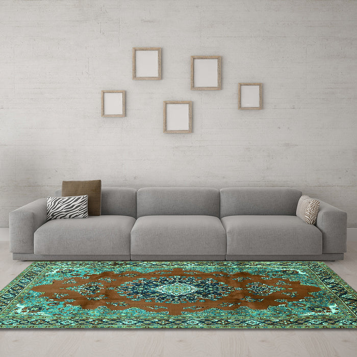 Machine Washable Medallion Turquoise Traditional Area Rugs in a Living Room,, wshtr442turq