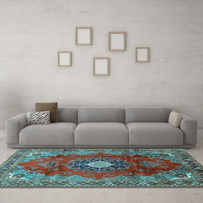 Machine Washable Medallion Light Blue Traditional Rug in a Living Room, wshtr442lblu