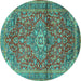 Round Machine Washable Medallion Turquoise Traditional Area Rugs, wshtr4430turq