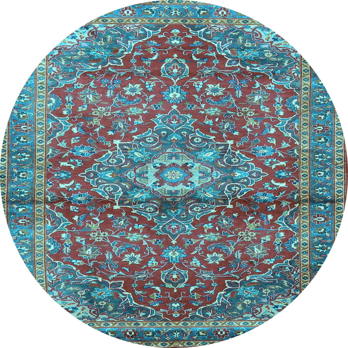 Round Machine Washable Medallion Light Blue Traditional Rug, wshtr4430lblu