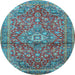 Round Machine Washable Medallion Light Blue Traditional Rug, wshtr4430lblu