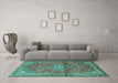 Machine Washable Medallion Turquoise Traditional Area Rugs in a Living Room,, wshtr4430turq