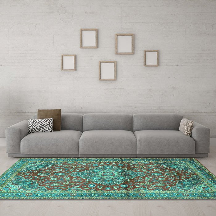 Machine Washable Medallion Turquoise Traditional Area Rugs in a Living Room,, wshtr4430turq