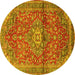 Round Machine Washable Medallion Yellow Traditional Rug, wshtr4430yw