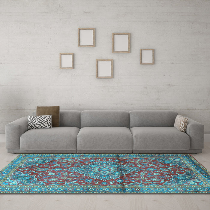 Machine Washable Medallion Light Blue Traditional Rug in a Living Room, wshtr4430lblu