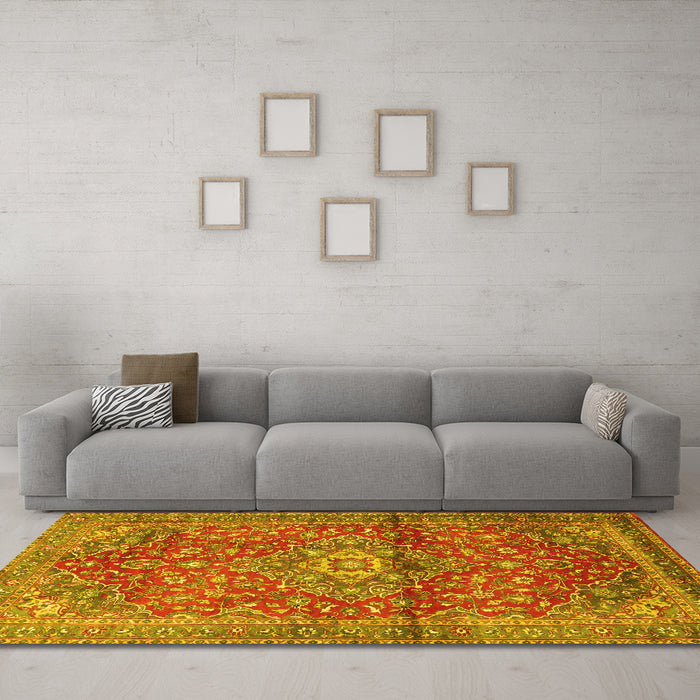 Machine Washable Medallion Yellow Traditional Rug in a Living Room, wshtr4430yw