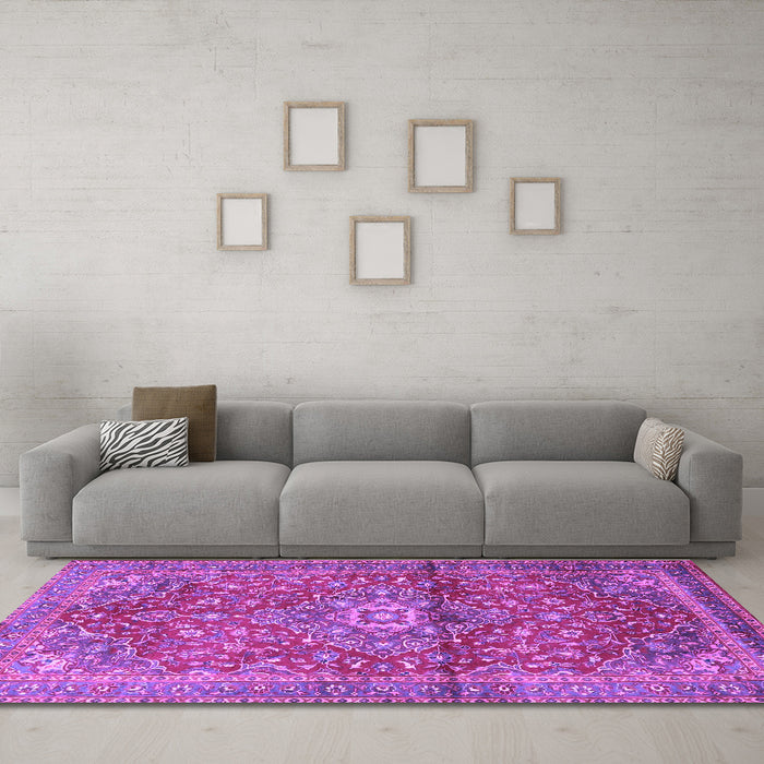 Machine Washable Medallion Purple Traditional Area Rugs in a Living Room, wshtr4430pur