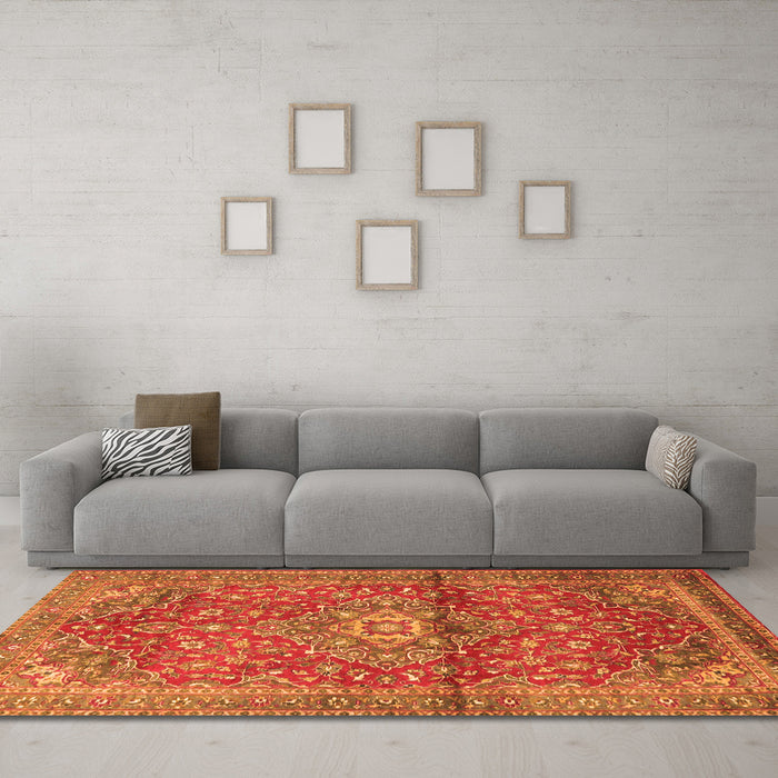 Machine Washable Medallion Orange Traditional Area Rugs in a Living Room, wshtr4430org
