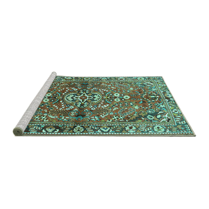 Sideview of Machine Washable Persian Turquoise Traditional Area Rugs, wshtr4431turq