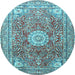 Round Machine Washable Medallion Light Blue Traditional Rug, wshtr4432lblu