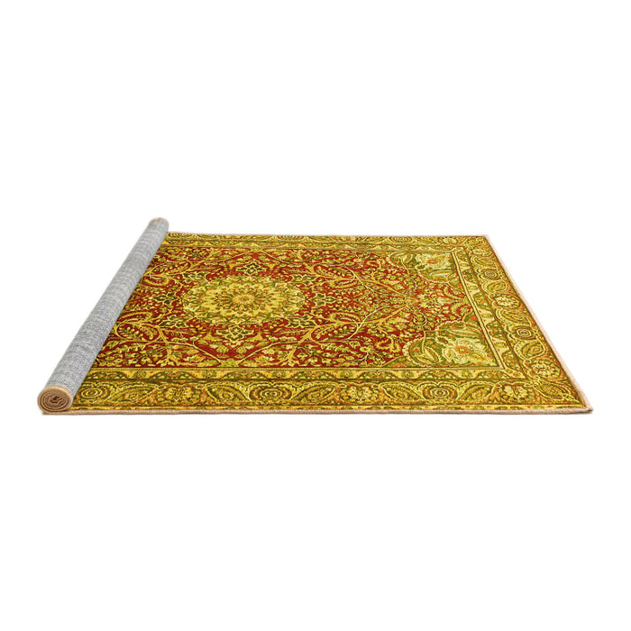 Sideview of Machine Washable Medallion Yellow Traditional Rug, wshtr4432yw