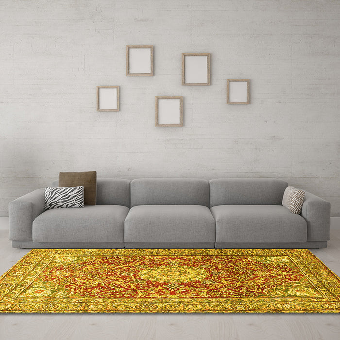 Machine Washable Medallion Yellow Traditional Rug in a Living Room, wshtr4432yw