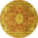 Round Machine Washable Medallion Yellow Traditional Rug, wshtr4432yw