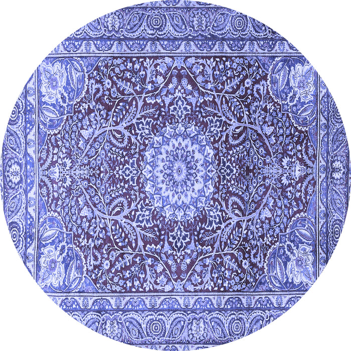 Round Machine Washable Medallion Blue Traditional Rug, wshtr4432blu
