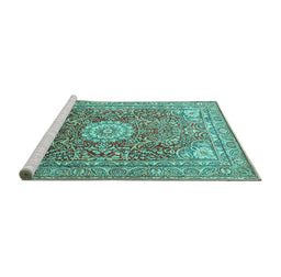 Sideview of Machine Washable Medallion Turquoise Traditional Area Rugs, wshtr4432turq