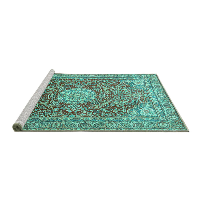 Sideview of Machine Washable Medallion Turquoise Traditional Area Rugs, wshtr4432turq