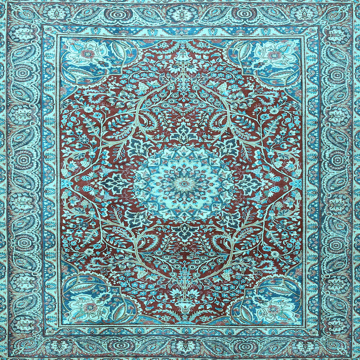 Square Machine Washable Medallion Light Blue Traditional Rug, wshtr4432lblu