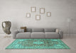 Machine Washable Medallion Turquoise Traditional Area Rugs in a Living Room,, wshtr4432turq