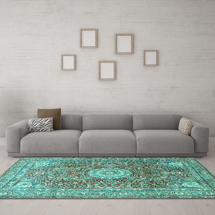 Machine Washable Medallion Turquoise Traditional Area Rugs in a Living Room,, wshtr4432turq