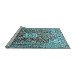 Sideview of Machine Washable Medallion Light Blue Traditional Rug, wshtr4432lblu