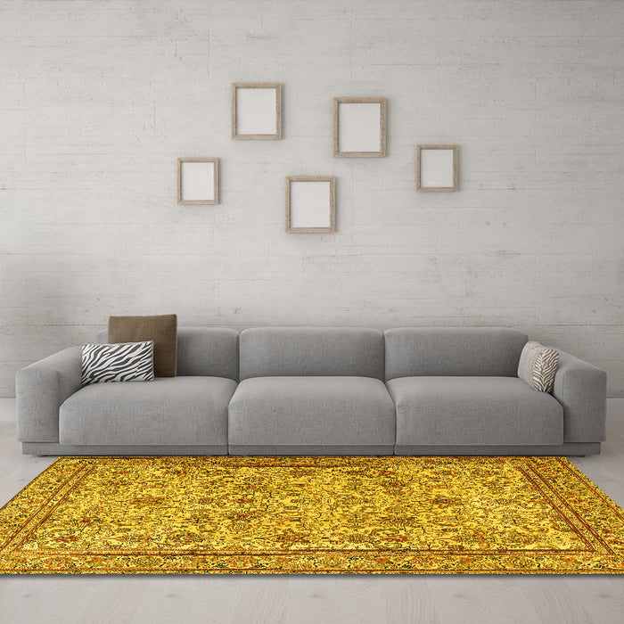 Machine Washable Persian Yellow Traditional Rug in a Living Room, wshtr4433yw