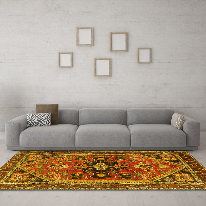 Machine Washable Persian Yellow Traditional Rug in a Living Room, wshtr4434yw