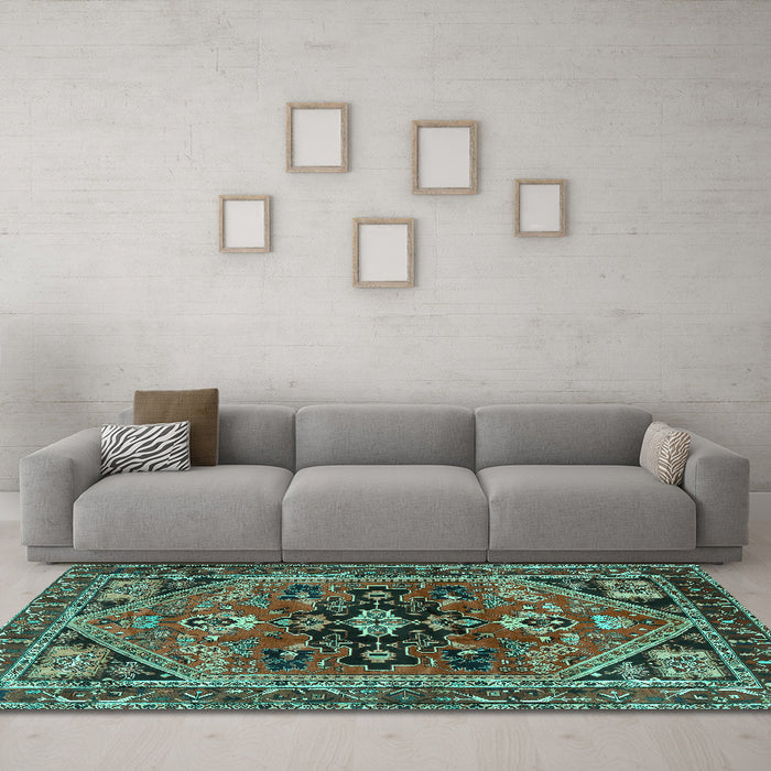 Machine Washable Persian Turquoise Traditional Area Rugs in a Living Room,, wshtr4434turq