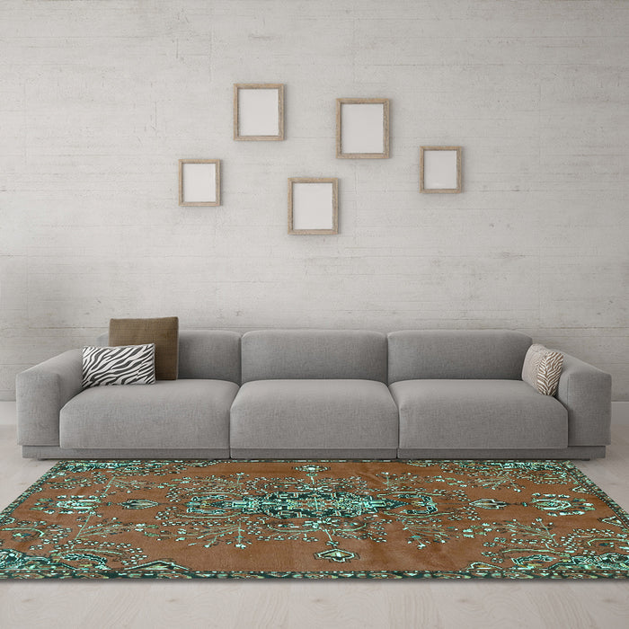 Machine Washable Persian Turquoise Traditional Area Rugs in a Living Room,, wshtr4435turq