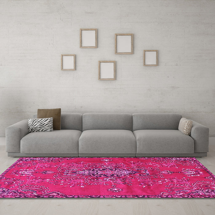 Machine Washable Persian Pink Traditional Rug in a Living Room, wshtr4435pnk
