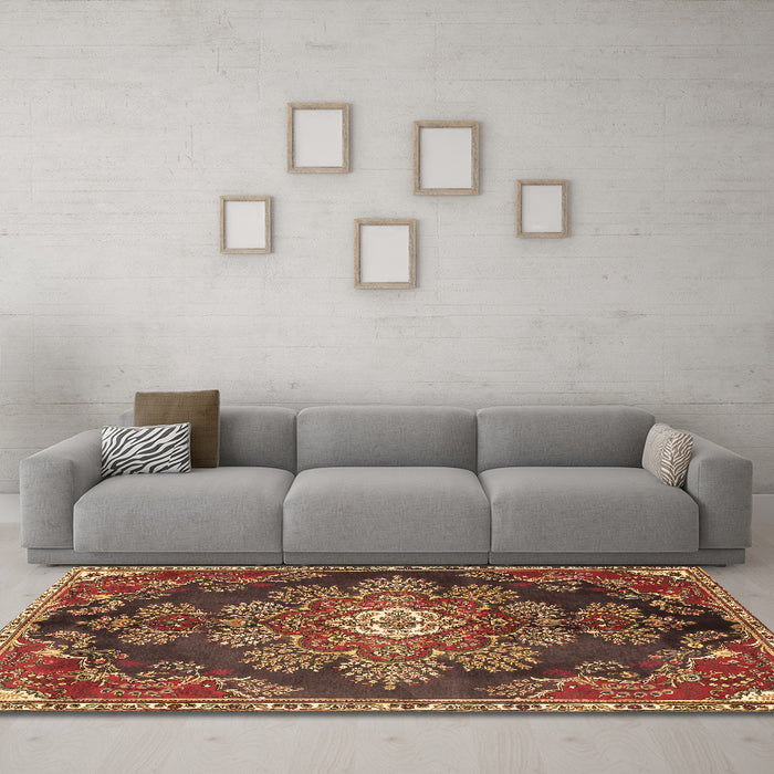 Machine Washable Medallion Brown Traditional Rug in a Living Room,, wshtr4436brn