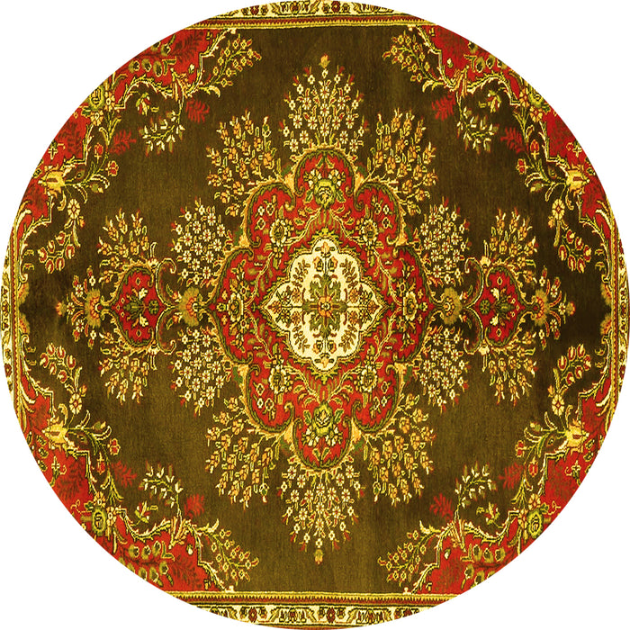 Round Machine Washable Medallion Yellow Traditional Rug, wshtr4436yw