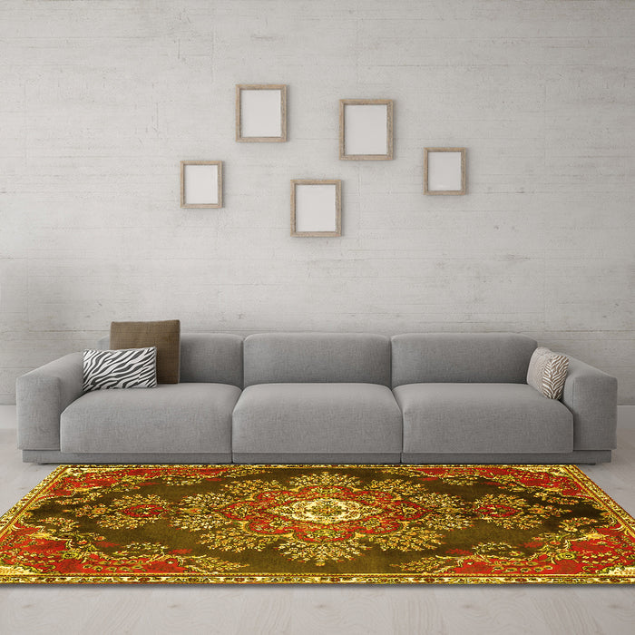 Machine Washable Medallion Yellow Traditional Rug in a Living Room, wshtr4436yw