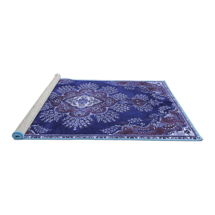 Sideview of Machine Washable Medallion Blue Traditional Rug, wshtr4436blu