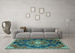 Machine Washable Medallion Turquoise Traditional Area Rugs in a Living Room,, wshtr4436turq