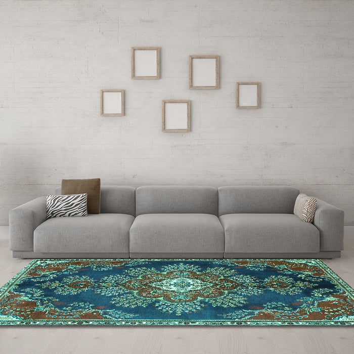 Machine Washable Medallion Turquoise Traditional Area Rugs in a Living Room,, wshtr4436turq