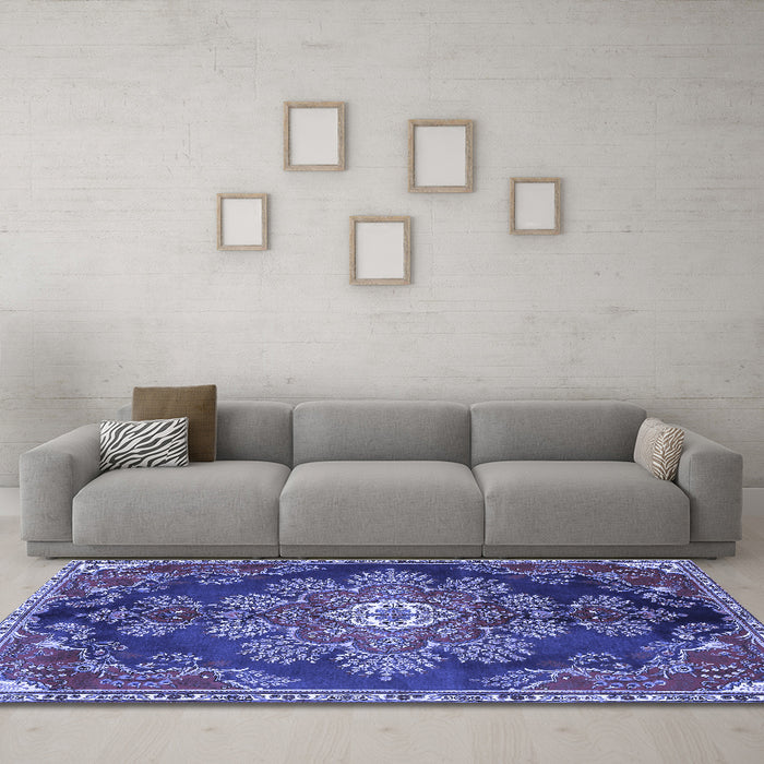 Machine Washable Medallion Blue Traditional Rug in a Living Room, wshtr4436blu
