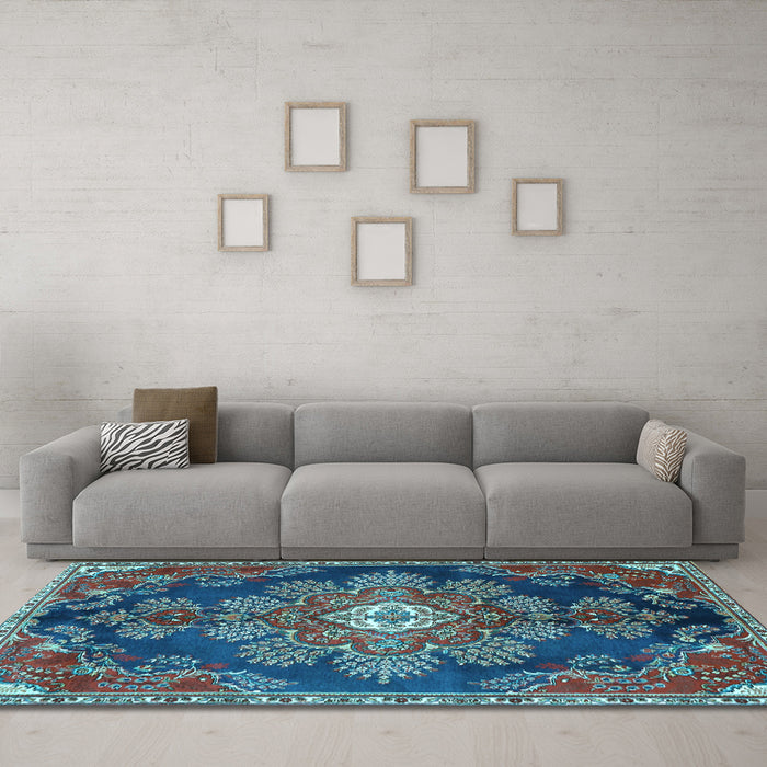 Machine Washable Medallion Light Blue Traditional Rug in a Living Room, wshtr4436lblu