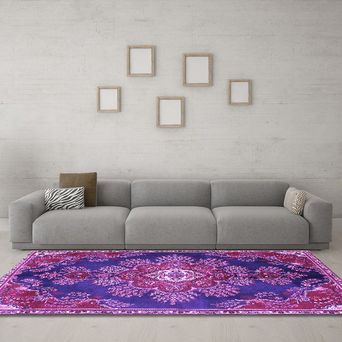 Machine Washable Medallion Purple Traditional Area Rugs in a Living Room, wshtr4436pur