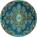 Round Machine Washable Medallion Turquoise Traditional Area Rugs, wshtr4436turq