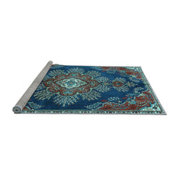 Sideview of Machine Washable Medallion Light Blue Traditional Rug, wshtr4436lblu