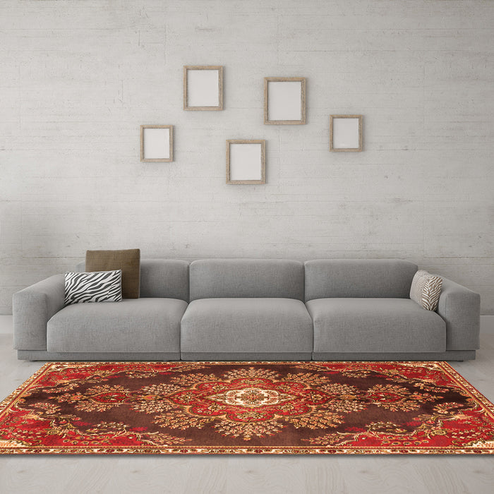 Machine Washable Medallion Orange Traditional Area Rugs in a Living Room, wshtr4436org