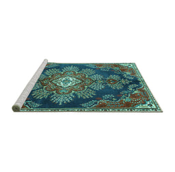 Sideview of Machine Washable Medallion Turquoise Traditional Area Rugs, wshtr4436turq