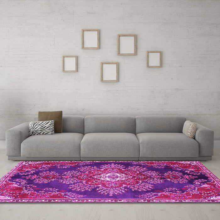 Machine Washable Medallion Pink Traditional Rug in a Living Room, wshtr4436pnk