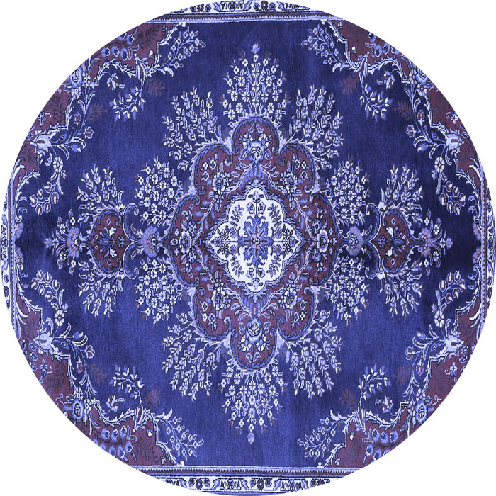 Round Machine Washable Medallion Blue Traditional Rug, wshtr4436blu