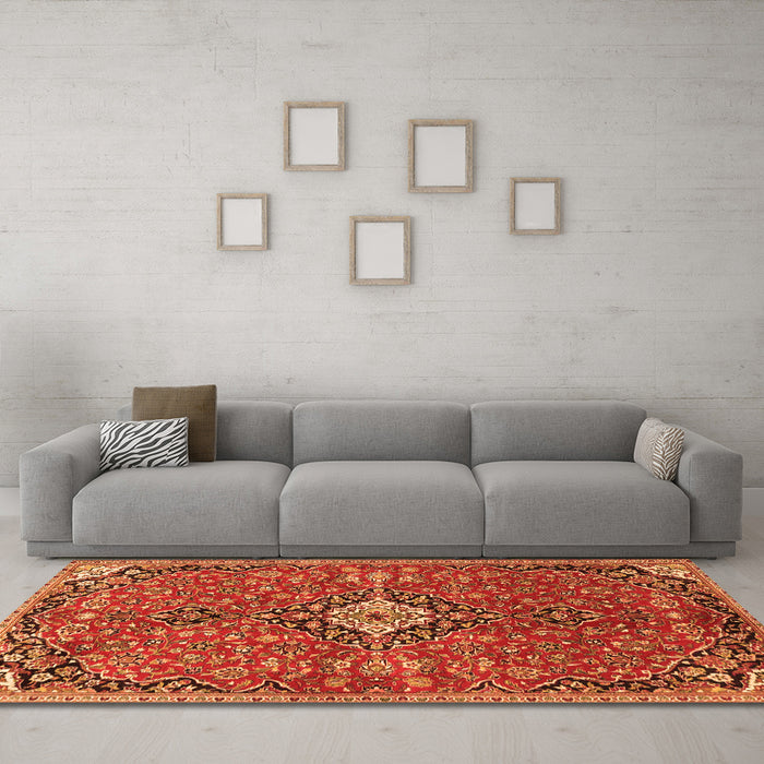 Machine Washable Medallion Orange Traditional Area Rugs in a Living Room, wshtr4437org