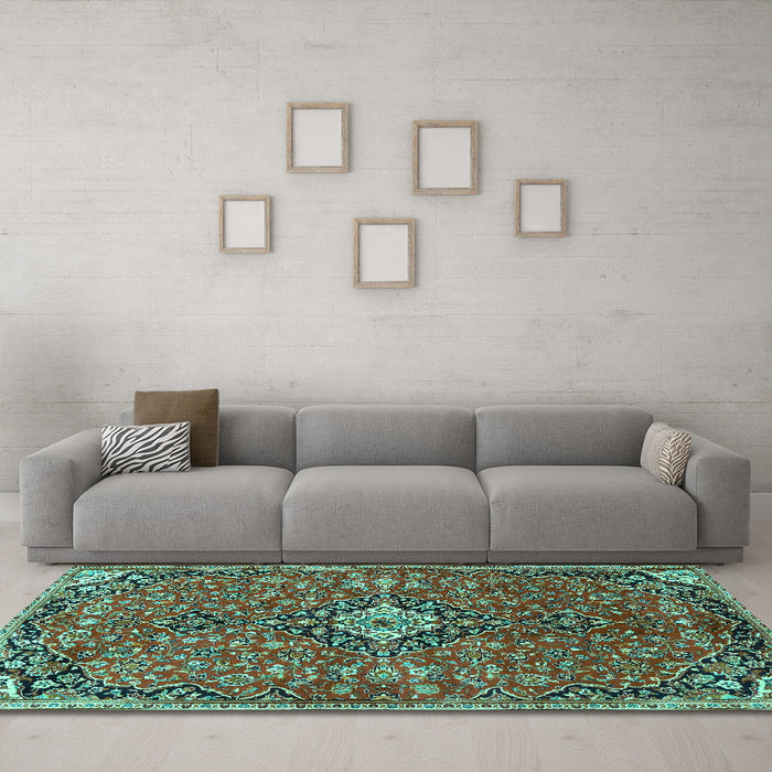 Machine Washable Medallion Turquoise Traditional Area Rugs in a Living Room,, wshtr4437turq