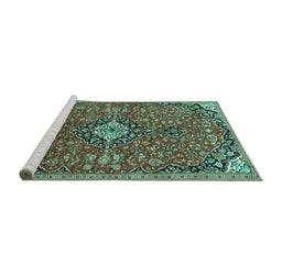 Sideview of Machine Washable Medallion Turquoise Traditional Area Rugs, wshtr4437turq