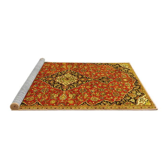Sideview of Machine Washable Medallion Yellow Traditional Rug, wshtr4437yw
