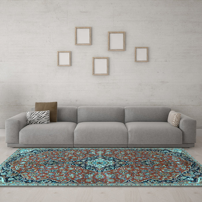 Machine Washable Medallion Light Blue Traditional Rug in a Living Room, wshtr4437lblu