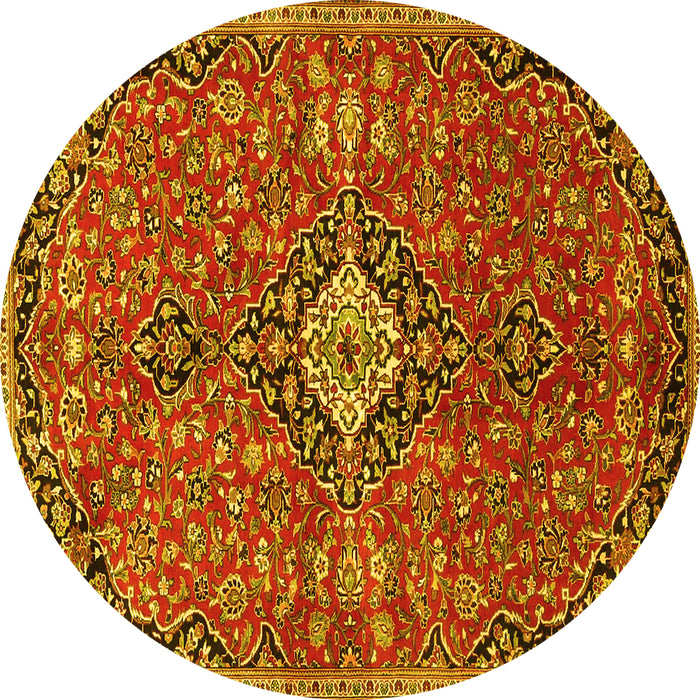 Round Machine Washable Medallion Yellow Traditional Rug, wshtr4437yw